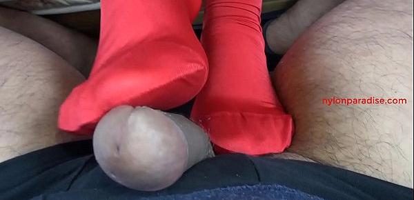  Sandy Luna red opaque stockings footjob and cumshot on feet soles